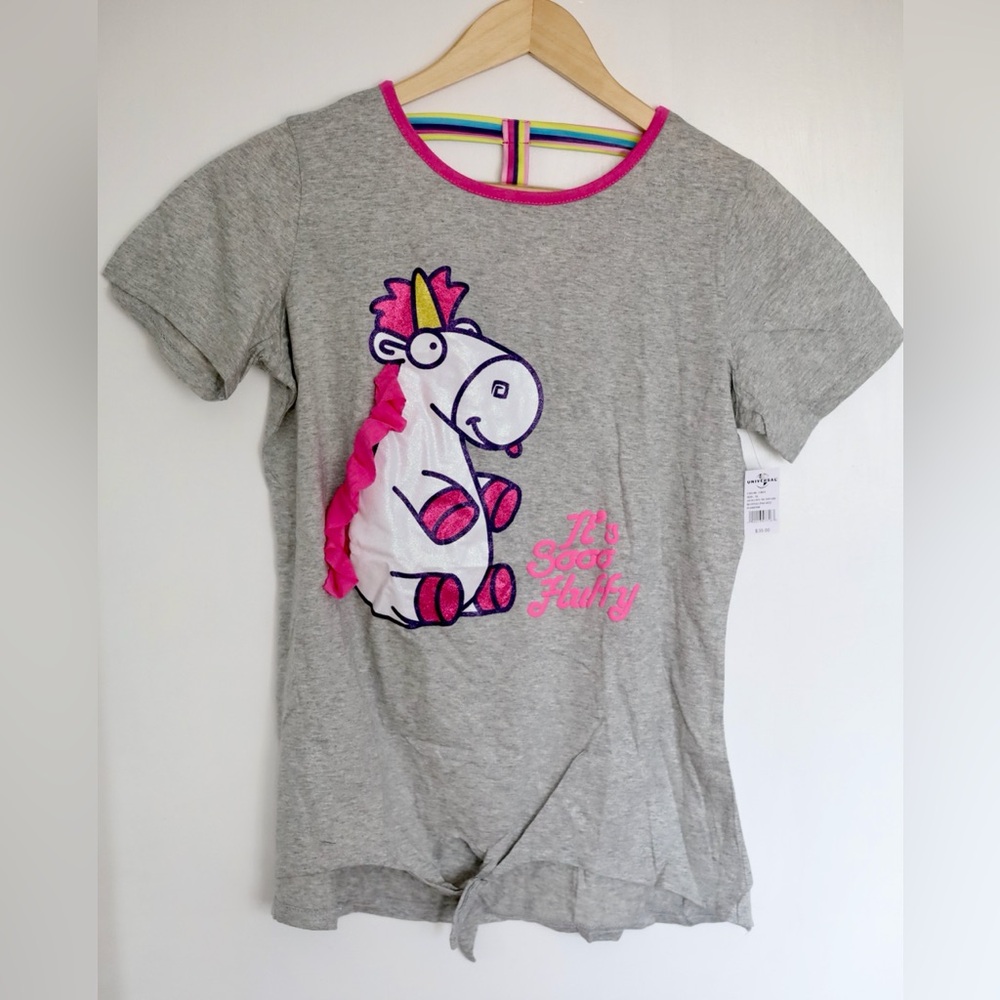 Despicable ME Unicorn Fluffy Tie Top Grey Shirt - Universal Studios (XL)